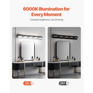 5 light led modern vanity light fixtures, 33.46 inch, black finish bathroom wall lighting fixture over mirror, with ip44 waterproof, for bathroom, living room, bedroom, hallway, cool white 6000k