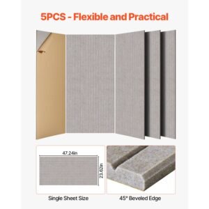 5 pack acoustic panels with self adhesive, 47.2 x 23.6 x 0.4 inch sound proof foam panels, polyester fiber soundproof wall panels high density, for home, studio, office, theater, camel
