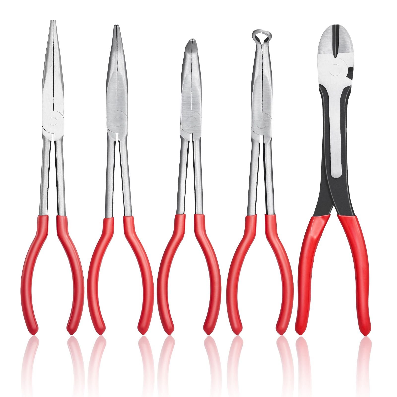 5 piece needle nose pliers, 11 in long needle nose pliers set, diagonal cutting pliers, 45°/ 90° bent nose plier, round nose plier, long nose plier, professional pliers set with storage bag
