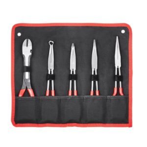 5 piece needle nose pliers, 11 in long needle nose pliers set, diagonal cutting pliers, 45°/ 90° bent nose plier, round nose plier, long nose plier, professional pliers set with storage bag
