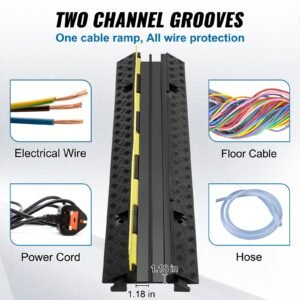 5 piece rubber cable guard, dual channel, 12000 lbs per axle load capacity, durable hose & wire protection ramp for driveways, with easy access top & 50 ft caution tape for both indoor & outd