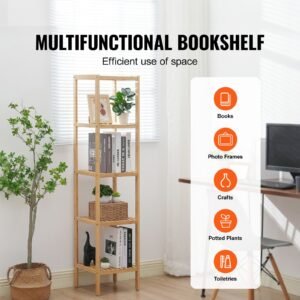 5 tier bathroom standing shelf, narrow shelving unit, display storage rack organizer, freestanding flower plant stand, multifunctional bamboo shelf ideal for bathroom, kitchen, home, natural