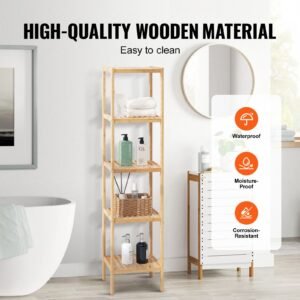 5 tier bathroom standing shelf, narrow shelving unit, display storage rack organizer, freestanding flower plant stand, multifunctional bamboo shelf ideal for bathroom, kitchen, home, natural