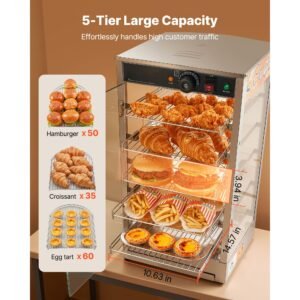 5 tier commercial food warmer display, 800w food display warmer with led light, adjustable shelf and stainless steel frame, 86 185 f air heating, 60l for hamburger, pizza, bread, fried chicken