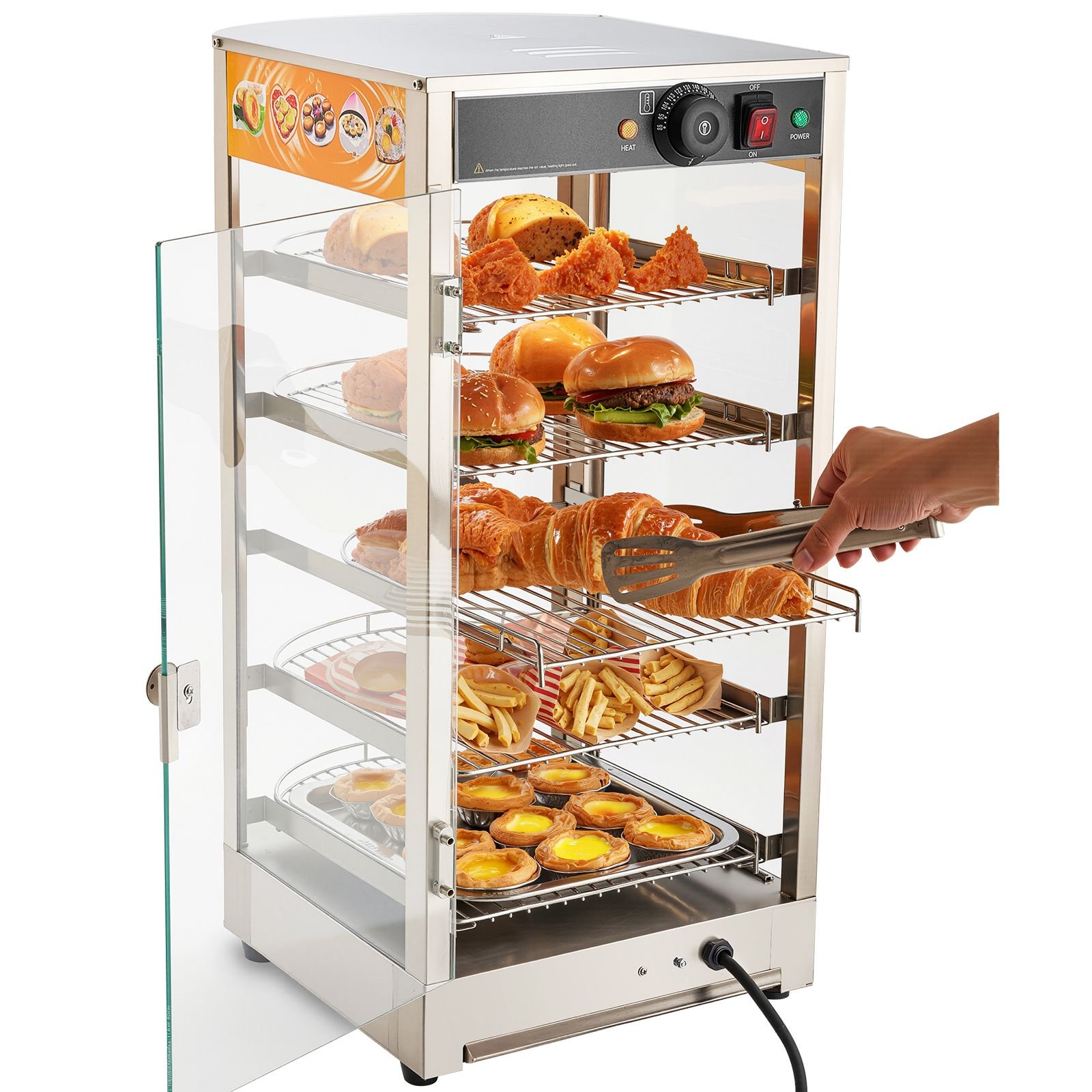 5 tier commercial food warmer display, 800w food display warmer with led light, adjustable shelf and stainless steel frame, 86 185 f air heating, 60l for hamburger, pizza, bread, fried chicken