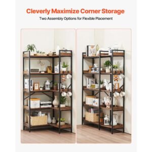 5 tier corner bookshelf with 4 hooks, 65.4" tall corner bookcase with heavy duty metal frame & wooden shelves, industrial l shaped corner display shelf for bedroom, living room, office