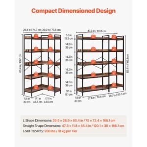 5 tier corner bookshelf with 4 hooks, 65.4" tall corner bookcase with heavy duty metal frame & wooden shelves, industrial l shaped corner display shelf for bedroom, living room, office