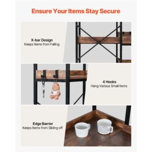 5 tier corner bookshelf with 4 hooks, 65.4" tall corner bookcase with heavy duty metal frame & wooden shelves, industrial l shaped corner display shelf for bedroom, living room, office