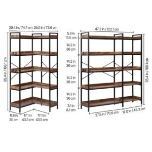 5 tier corner bookshelf with 4 hooks, 65.4" tall corner bookcase with heavy duty metal frame & wooden shelves, industrial l shaped corner display shelf for bedroom, living room, office