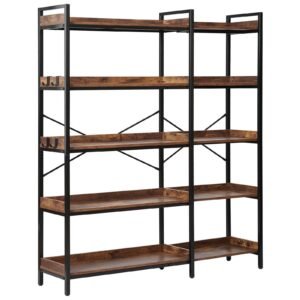 5 tier corner bookshelf with 4 hooks, 65.4" tall corner bookcase with heavy duty metal frame & wooden shelves, industrial l shaped corner display shelf for bedroom, living room, office