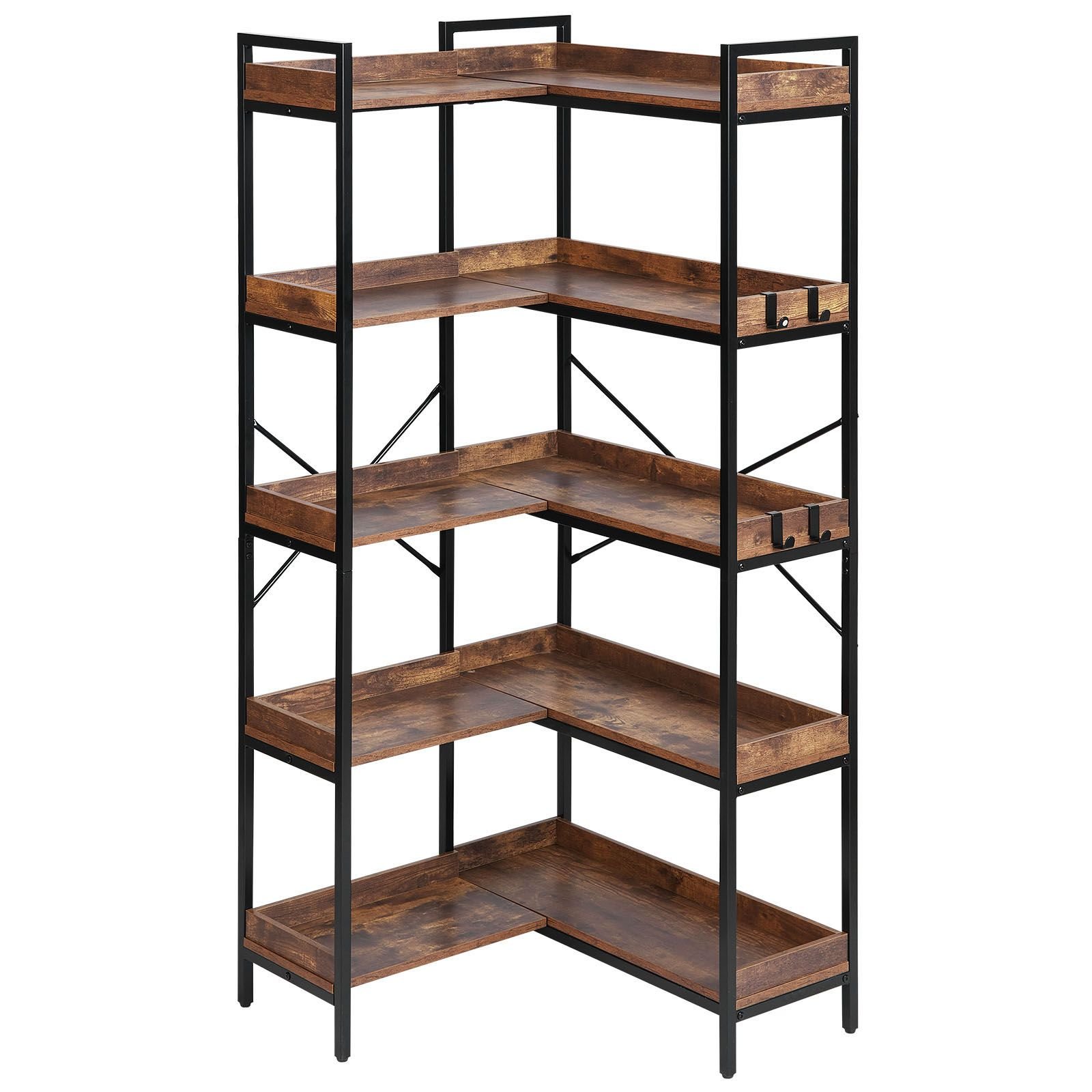 5 tier corner bookshelf with 4 hooks, 65.4" tall corner bookcase with heavy duty metal frame & wooden shelves, industrial l shaped corner display shelf for bedroom, living room, office