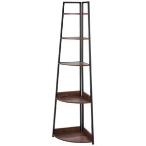 5 tier corner shelf, 70" tall corner bookshelf with metal frame & wooden shelves, industrial corner ladder shelf for living room, bedroom, office, rustic brown