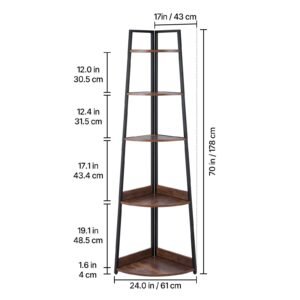 5 tier corner shelf, 70" tall corner bookshelf with metal frame & wooden shelves, industrial corner ladder shelf for living room, bedroom, office, rustic brown
