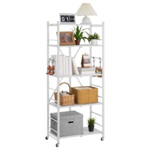 5-Tier Foldable Storage Shelf, 28 W x 15D x 64H Inch Folding Metal Rack Shelving Unit, No Assembly Organizer Shelf with 5 Wheels & 4 Hooks for Pantry, Kitchen, Garage, Basement, White