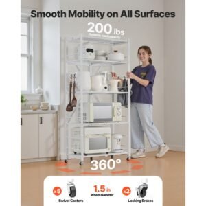 5 tier foldable storage shelf, 28 w x 15d x 64h inch folding metal rack shelving unit, no assembly organizer shelf with 5 wheels & 4 hooks for pantry, kitchen, garage, basement, white