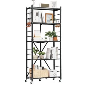 5 tier foldable storage shelf, 28w x 13d x 66h inch folding metal rack shelving unit, no assembly organizer shelf with 5 wheels & 4 hooks for pantry, kitchen, garage, basement, black