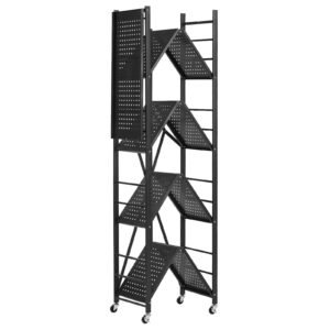 5 tier foldable storage shelf, 28w x 13d x 66h inch folding metal rack shelving unit, no assembly organizer shelf with 5 wheels & 4 hooks for pantry, kitchen, garage, basement, black