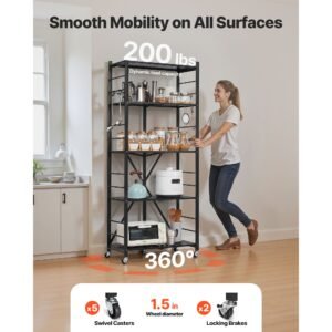 5 tier foldable storage shelf, 28w x 13d x 66h inch folding metal rack shelving unit, no assembly organizer shelf with 5 wheels & 4 hooks for pantry, kitchen, garage, basement, black