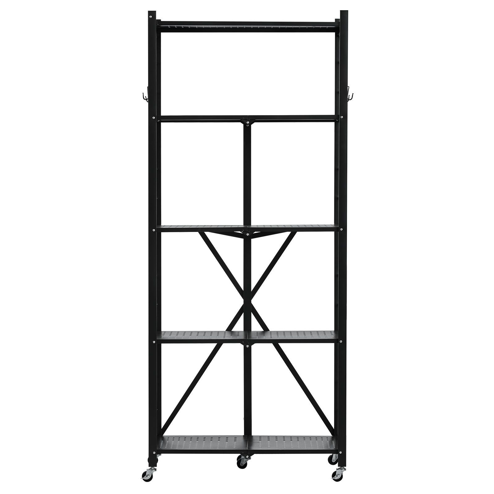 5 tier foldable storage shelf, 28w x 13d x 66h inch folding metal rack shelving unit, no assembly organizer shelf with 5 wheels & 4 hooks for pantry, kitchen, garage, basement, black