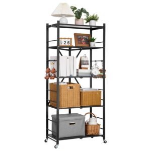 5 tier foldable storage shelf, 28w x 15d x 64h inch folding metal rack shelving unit, no assembly organizer shelf with 5 wheels & 4 hooks for pantry, kitchen, garage, basement, black