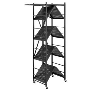 5 tier foldable storage shelf, 28w x 15d x 64h inch folding metal rack shelving unit, no assembly organizer shelf with 5 wheels & 4 hooks for pantry, kitchen, garage, basement, black