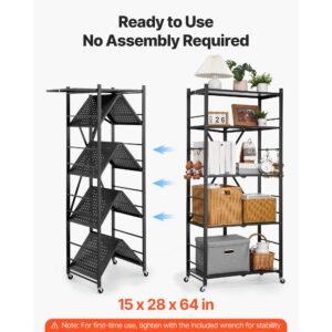 5 tier foldable storage shelf, 28w x 15d x 64h inch folding metal rack shelving unit, no assembly organizer shelf with 5 wheels & 4 hooks for pantry, kitchen, garage, basement, black