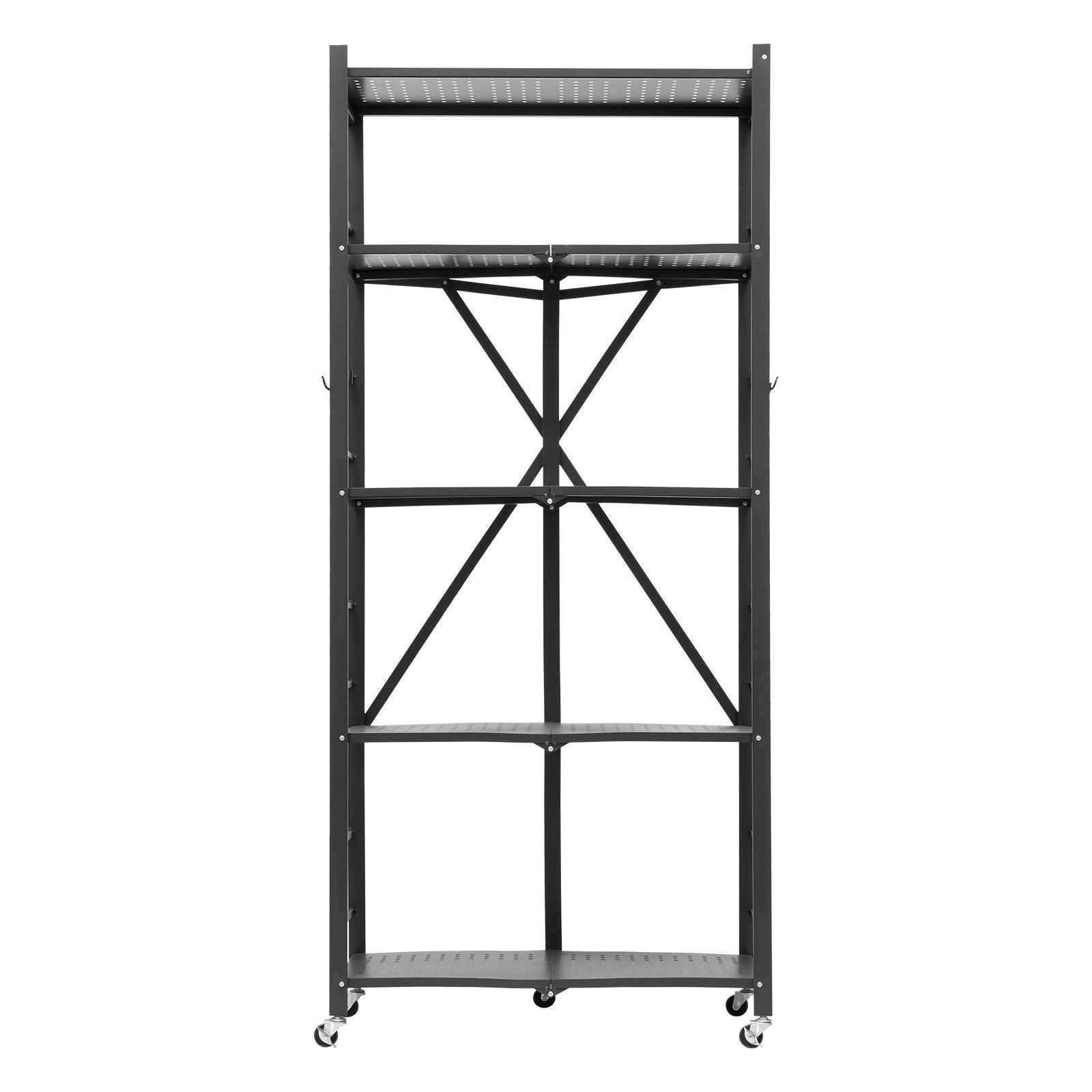 5 tier foldable storage shelf, 28w x 15d x 64h inch folding metal rack shelving unit, no assembly organizer shelf with 5 wheels & 4 hooks for pantry, kitchen, garage, basement, black