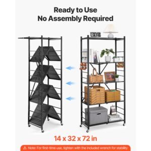 5 tier foldable storage shelf, 32w x 14d x 72h inch folding metal rack shelving unit, no assembly organizer shelf with 5 wheels & 4 hooks for pantry, kitchen, garage, basement, black