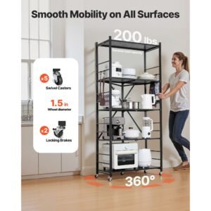 5 tier foldable storage shelf, 32w x 14d x 72h inch folding metal rack shelving unit, no assembly organizer shelf with 5 wheels & 4 hooks for pantry, kitchen, garage, basement, black