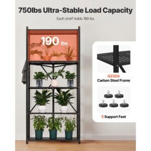 5 tier foldable storage shelf, 32w x 14d x 72h inch folding metal rack shelving unit, no assembly organizer shelf with 5 wheels & 4 hooks for pantry, kitchen, garage, basement, black