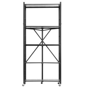 5-Tier Foldable Storage Shelf, 32W x 14D x 72H Inch Folding Metal Rack Shelving Unit, No Assembly Organizer Shelf with 5 Wheels & 4 Hooks for Pantry, Kitchen, Garage, Basement, Black