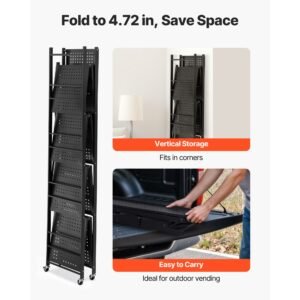 5 tier foldable storage shelf, 32w x 14d x 72h inch folding metal rack shelving unit, no assembly organizer shelf with 5 wheels & 4 hooks for pantry, kitchen, garage, basement, black