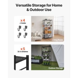 5 tier foldable storage shelf, 32w x 14d x 72h inch folding metal rack shelving unit, no assembly organizer shelf with 5 wheels & 4 hooks for pantry, kitchen, garage, basement, black