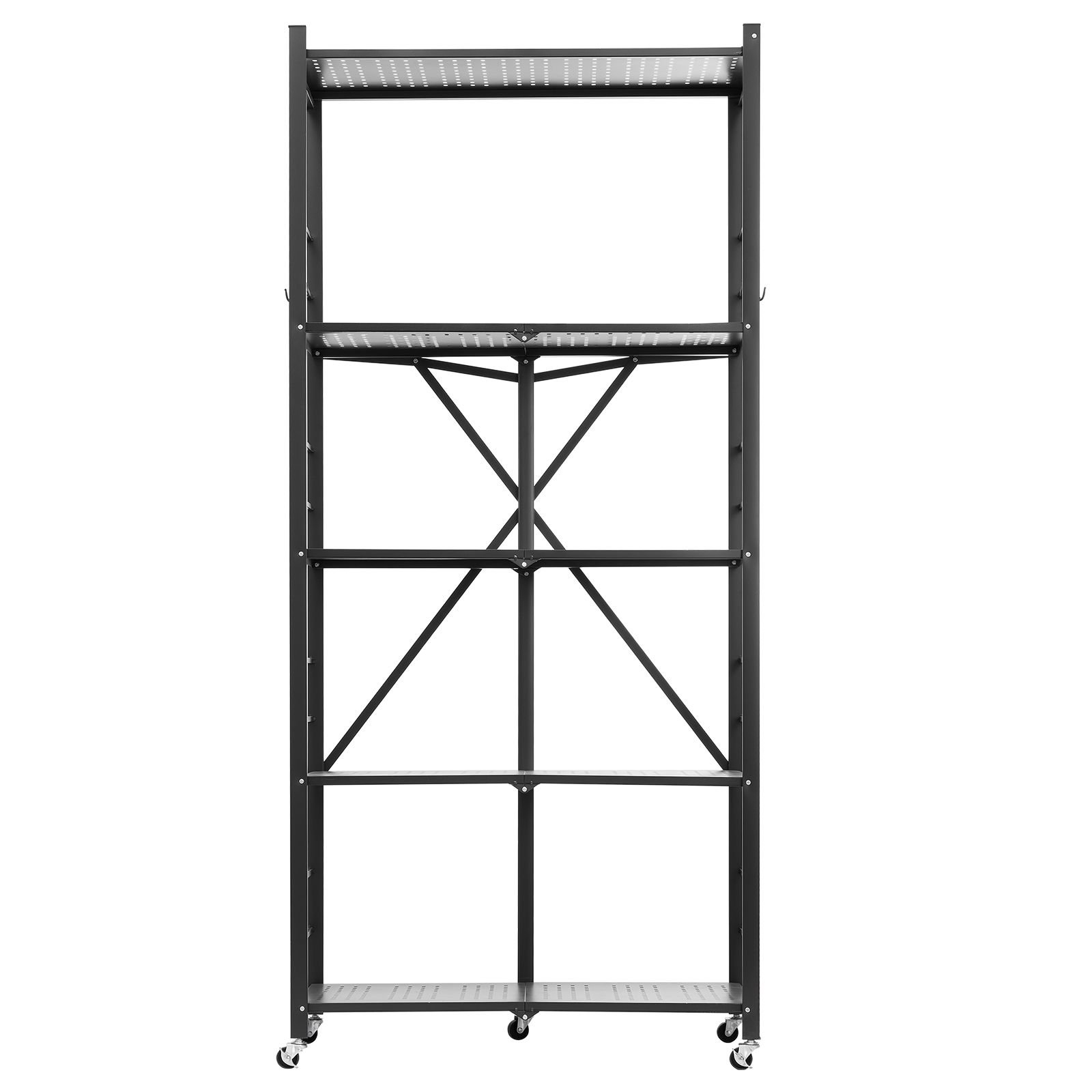 5 tier foldable storage shelf, 32w x 14d x 72h inch folding metal rack shelving unit, no assembly organizer shelf with 5 wheels & 4 hooks for pantry, kitchen, garage, basement, black