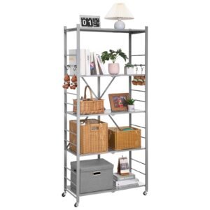 5 tier foldable storage shelf, 32w x 14d x 72h inch folding metal rack shelving unit, no assembly organizer shelf with 5 wheels & 4 hooks for pantry, kitchen, garage, basement, grey