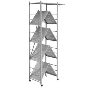 5 tier foldable storage shelf, 32w x 14d x 72h inch folding metal rack shelving unit, no assembly organizer shelf with 5 wheels & 4 hooks for pantry, kitchen, garage, basement, grey