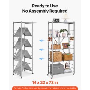 5 tier foldable storage shelf, 32w x 14d x 72h inch folding metal rack shelving unit, no assembly organizer shelf with 5 wheels & 4 hooks for pantry, kitchen, garage, basement, grey