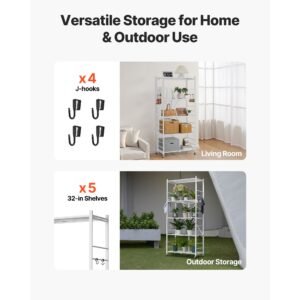 5 tier foldable storage shelf, 32w x 14d x 72h inch folding metal rack shelving unit, no assembly organizer shelf with 5 wheels & 4 hooks for pantry, kitchen, garage, basement, white