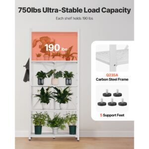5 tier foldable storage shelf, 32w x 14d x 72h inch folding metal rack shelving unit, no assembly organizer shelf with 5 wheels & 4 hooks for pantry, kitchen, garage, basement, white