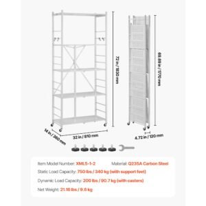 5 tier foldable storage shelf, 32w x 14d x 72h inch folding metal rack shelving unit, no assembly organizer shelf with 5 wheels & 4 hooks for pantry, kitchen, garage, basement, white