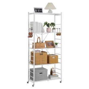 5 tier foldable storage shelf, 32w x 14d x 72h inch folding metal rack shelving unit, no assembly organizer shelf with 5 wheels & 4 hooks for pantry, kitchen, garage, basement, white