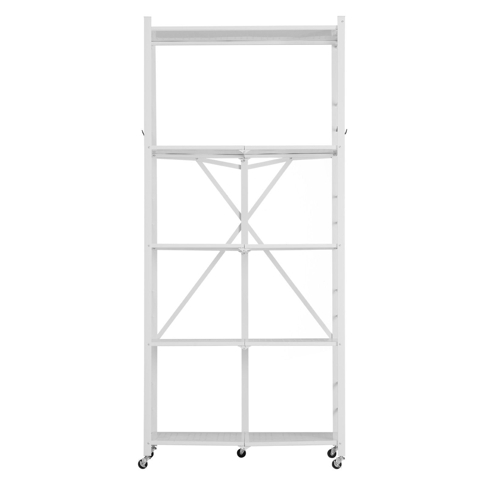 5 tier foldable storage shelf, 32w x 14d x 72h inch folding metal rack shelving unit, no assembly organizer shelf with 5 wheels & 4 hooks for pantry, kitchen, garage, basement, white