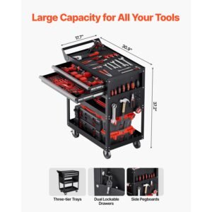 5 tier tool cart with wheels, 400 lbs load capacity, rolling work cart with 2 drawers & pegboard, mechanic tool storage organizer with locking system for garage, warehouse and repair shop, black