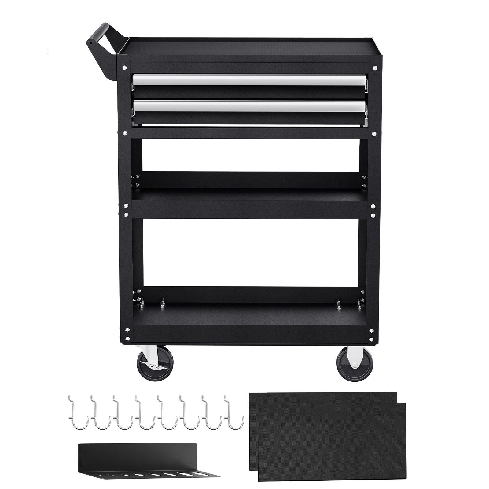 5 tier tool cart with wheels, 400 lbs load capacity, rolling work cart with 2 drawers & pegboard, mechanic tool storage organizer with locking system for garage, warehouse and repair shop, black
