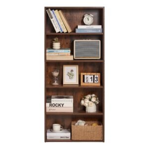 5 tiers narrow bookshelf, 53 in wooden open bookcase with height adjustable shelf, freestanding tall display storage floor bookcase bookshelf for library, bedroom, living room, office, brown