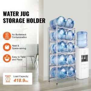 5 tiers water jug holder, 5 gallon water bottle holder, double row water bottle rack for 10 bottles, heavy duty water jug rack for kitchen, office, living room, silver gray