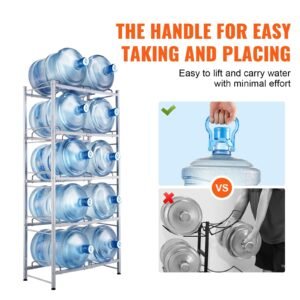 5 tiers water jug holder, 5 gallon water bottle holder, double row water bottle rack for 10 bottles, heavy duty water jug rack for kitchen, office, living room, silver gray