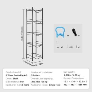 5 tiers water jug holder, 5 gallon water bottle holder, single row water bottle rack for 5 bottles, heavy duty water jug rack for kitchen, office, living room, black