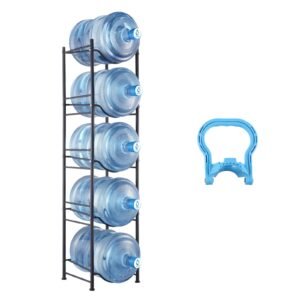 5 tiers water jug holder, 5 gallon water bottle holder, single row water bottle rack for 5 bottles, heavy duty water jug rack for kitchen, office, living room, black
