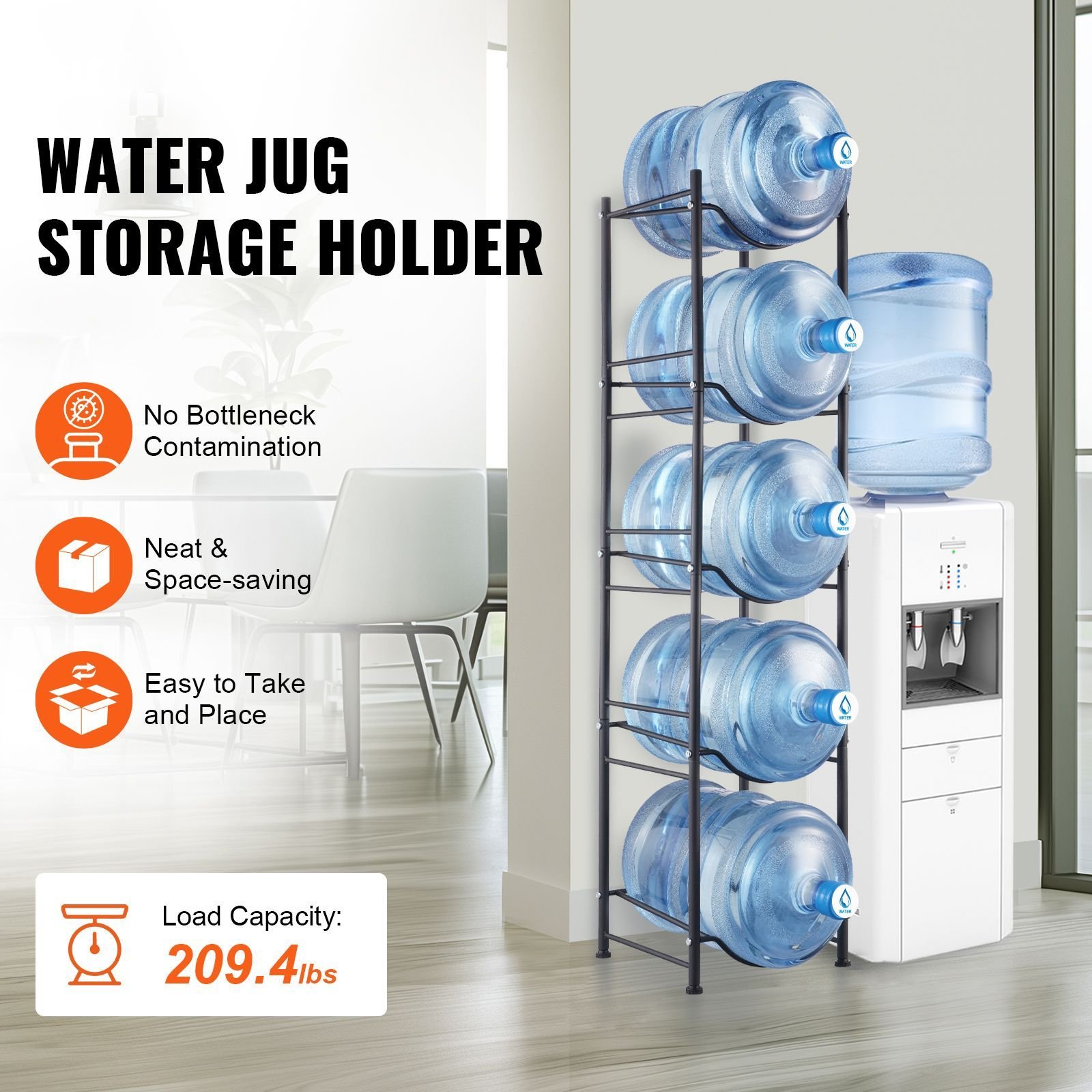 5 tiers water jug holder, 5 gallon water bottle holder, single row water bottle rack for 5 bottles, heavy duty water jug rack for kitchen, office, living room, black